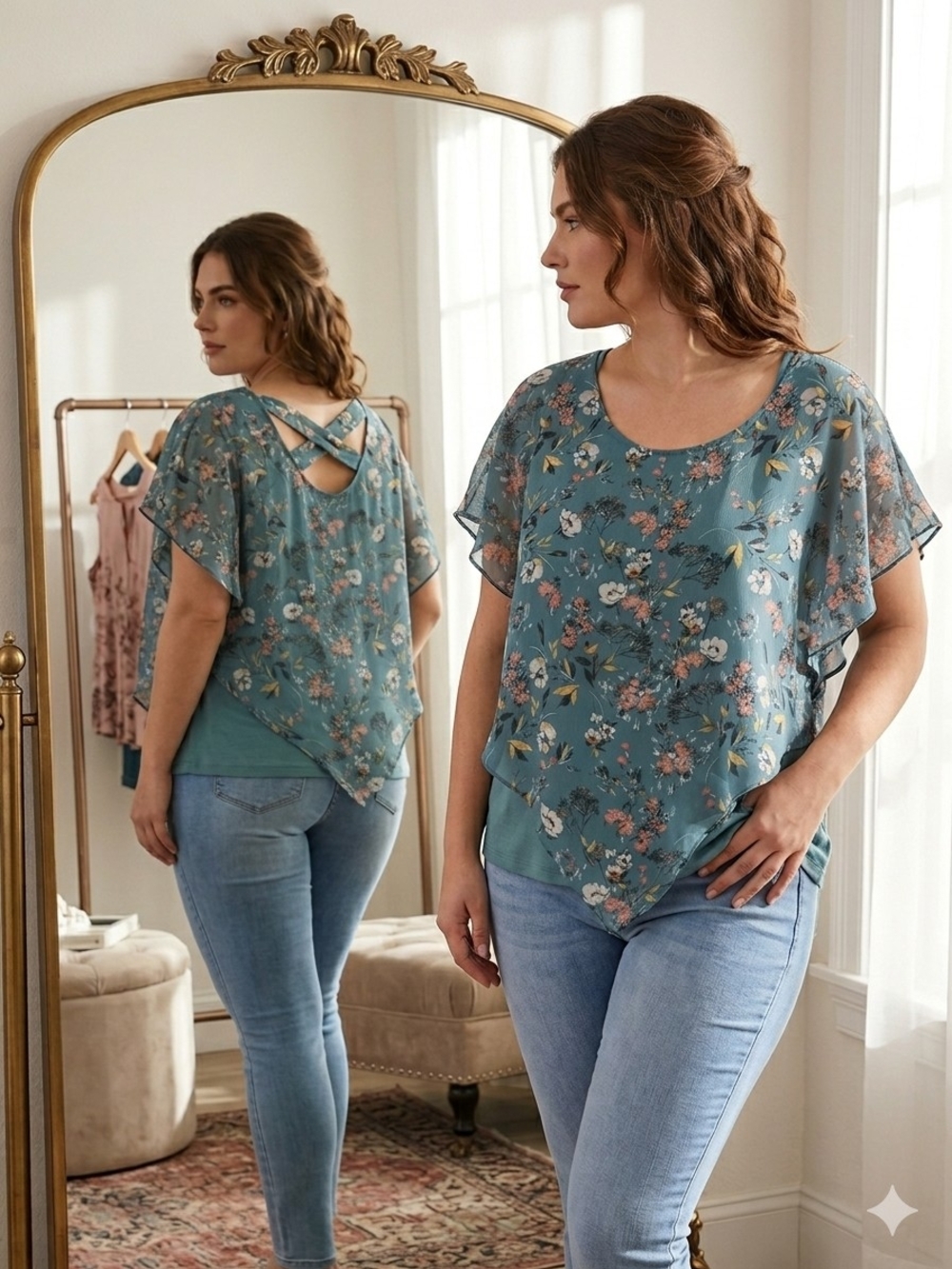 BCX Teal Floral Layered Flutter Sleeve Blouse